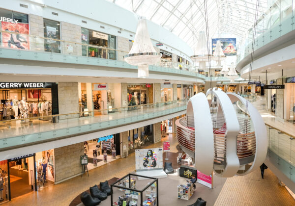 Vilnius, Lithuania - January 28, 2019: Modern shopping center Europa interior with luxury brand shops, no people in Vilnius, Lithuania