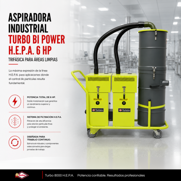 ASPIRADORA INDUSTRIAL TURBO BI POWER  H.E.P.A. 6HP PARA ÁREAS LIMPIAS TRIFÁSICA